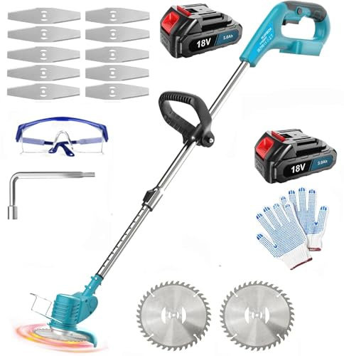 Akku Rasentrimmer, Ersetzen für Makita 18V Akkus,mit 2X 3000Ah Akku,mit 10x Metallklingen,2X Sägeblättern, mit 90° drehbarer Trimmerkopf, für Rasenflächen,Gärten，Neue Upgrades rasentrimmer elektrisch