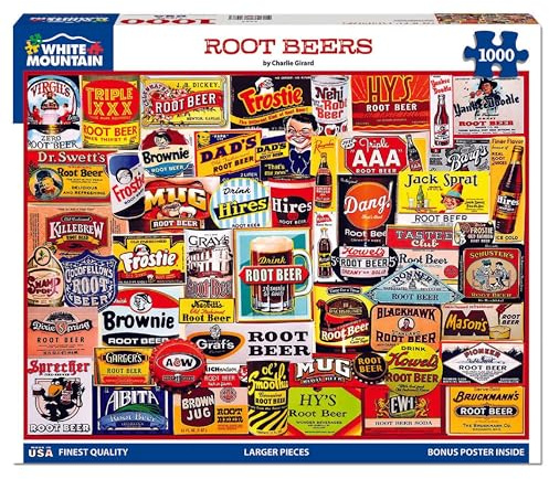 White Mountain Root Beers Puzzle 1000 Piece Vintage Soda Collage Jigsaw Puzzles for Adults and Families