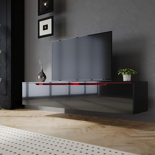 SIRHONA Meuble TV LED, Meuble TV Noir Laqué éclairage LED avec 16 Couleurs Ajustables, Plateau TV Haute Brillance, sur Pied ou Suspendu, pour Le Salon ou La Chambre à Coucher, 160x35x30cm