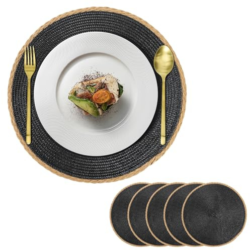 Tovagliette Rotonde Lavabili Antiscivolo Resistenti Al Calore Grande Tovagliette Intrecciate Set di 6 Tovagliette Natalizie per Partito Cucina 36x36cm Nero