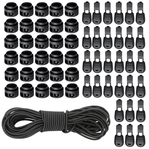61 Pcs Elastic Cord and Toggles for Drawstrings, 10 M Elastic Cord, 30 Of Each Of The Two Types Of Clips