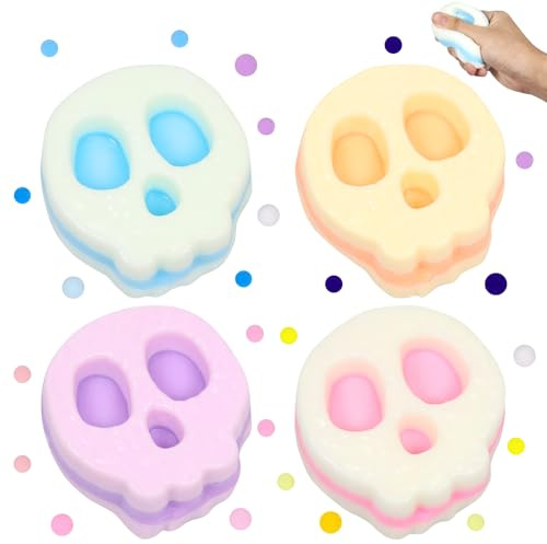 4 Stück Squishy Toy, Halloween Skelett Kopf Squeeze Toy, Mini Squishies, FuFu Squishy, Antistressball Kinder, Stressabbau Spielzeug, Stress Squeeze Toys für Kinder und Erwachsene Halloween Weihnachts