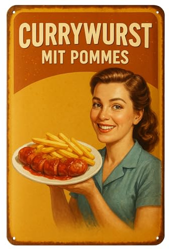 AstraDesign Blechschild „Currywurst mit Pommes“ 20x30 cm, Gelb/Rot – wetterfest, rostfrei, mit vorgebohrten Löchern – Retro-Schild für Küche, Imbiss, Restaurant oder Foodtruck – einfache Montage