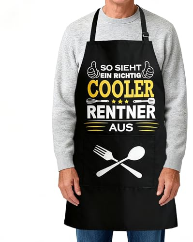 DPKOW Lustige Grillschürze Männer Rentner Geschenk, Kochschürze Ruhestand Geschenk Rentner Männ Abschiedsgeschenk Kollegen, Schürze mit Tasche, Wasserdicht, SO SIEHT EIN RICHTIG COOLER RENTNER AUS