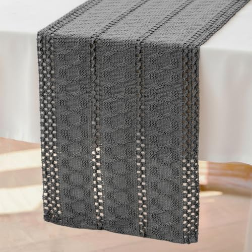 Brylleii Tischläufer Häkel Grau Boho Makramee Deko Tisch Läufer Modern 30 x 183 cm Lang Baumwolle Leinen Landhausstil Tischdecke Abwaschbar Table Runner Schmal für Küche Hochzeit Deckchen