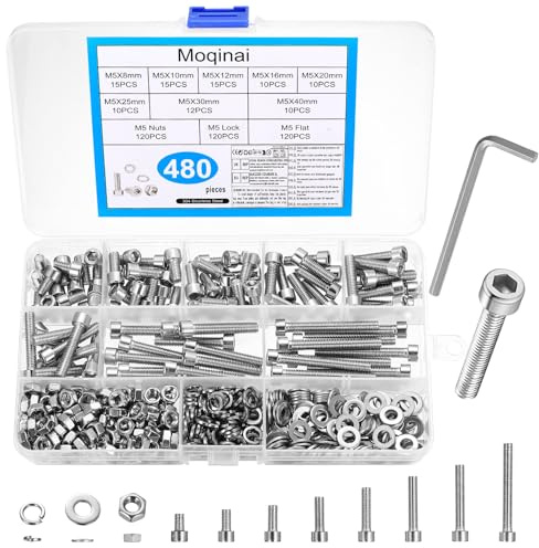 480 Stück M5 Schrauben Set, M5 Zylinderschrauben mit Innensechskant Schrauben Muttern Set, Edelstahlschrauben und Unterlegscheiben Sets, Gewindeschrauben Muttern Sets, Maschinenschrauben Sortiment