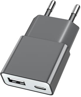 TONGKTAI Cargador USB Ultra Delgado 5W – Doble Puerto USB-C y USB-A (5V 1A), Compatible con Dispositivos como iPhone, Samsung, AirPods, cámaras, Power Banks y más – Gris