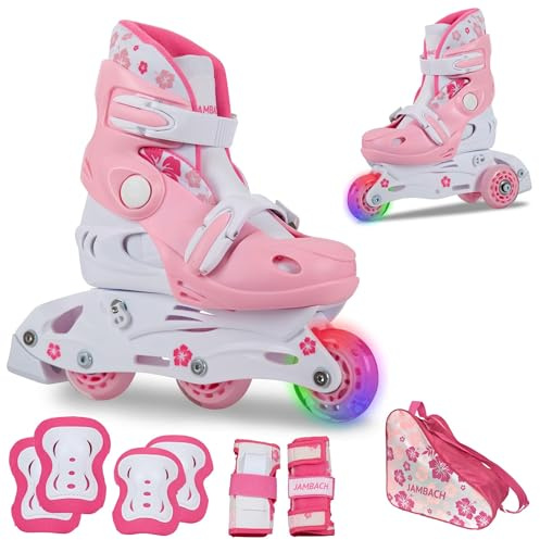 JAMBACH Kinder Inliner Set mit Protektoren verstellbar zum Rollschuh mit LED