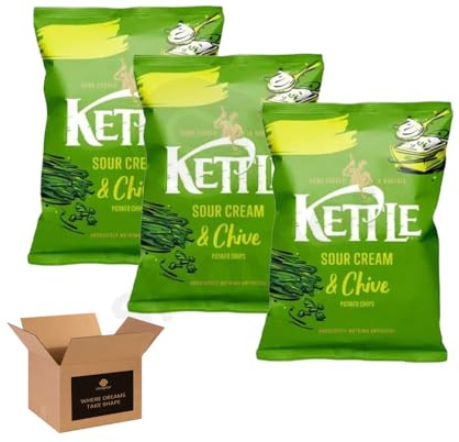 Kettle Chips Variety Flavoured Potato Crisps Snacks – Hand Cooked Thick Cut Crispy | Sea Salt, Balsamic Vinegar & more – Crunchy Vegetarian (Pack 3, Sour Cream & Chive 130g)