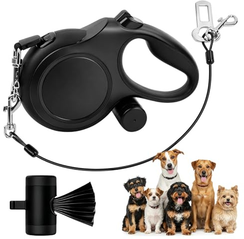Ecofocet Indragbart hundkoppel 8 m för medelstora och stora hundar upp till 50 kg, bettbeständigt stålrep med bajspåshållare, utdragbart rullkoppel med en-knappbroms och ergonomiskt handtag, svart