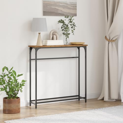 Augerqir Konsolentisch mit Regal Altholz 75 x 19,5 x 75 cm Holzwerkstoff Beistelltisch Ablagetisch mit Stauraum Stahlrahmen für Wohnzimmer Schlafzimmer Flur schmal platzsparend Deko