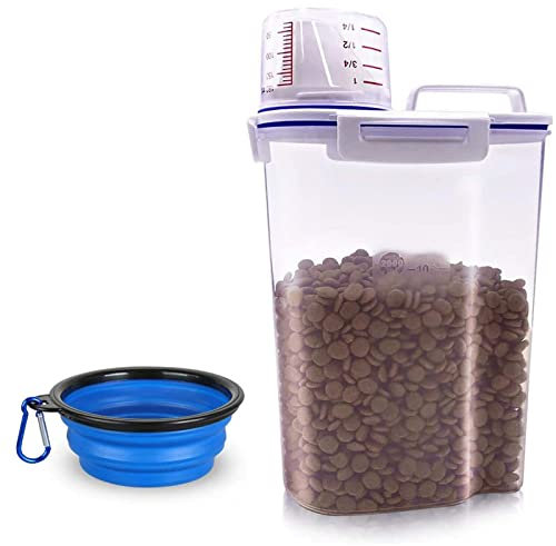 TIOVERY Petit récipient de stockage de nourriture pour chien et chat - Distributeur hermétique en plastique avec tasse à mesurer graduée, bec verseur et bol pliable portable pour nourriture pour