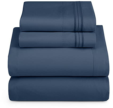 Hearth & Harbor RV Short Queen Size Sheets - 4 Piece Bed Sheet Set, Hotel Luxury Double Brushed Bed Sheets - Extra Soft Bedding Sheets & Pillowcases, Short Queen, Navy Blue