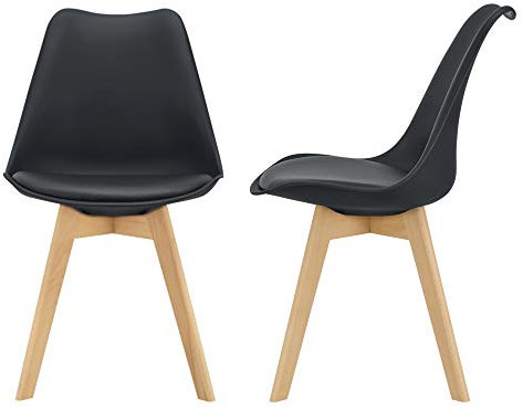 [en.casa] Juego de Sillas de Comedor Fläten Pack 2 Sillas Tapizadas Nórdicas Versátil Asiento Acolchado de Cocina Patas de Madera de Haya Cubierta Cuero Sintético 82x49x54cm - Negro
