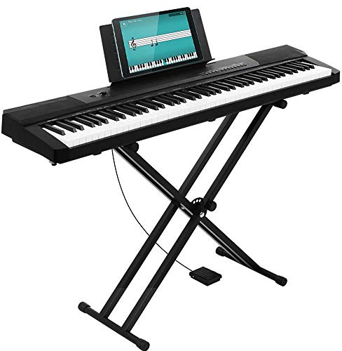 Bakaji - Teclado musical plano electrónico, 88 teclas semipesadas, piano multifunción con 140 ritm, 6 instrumentos musicales, función Split Twinova, entrada AUX USB + pedal atril y soporte