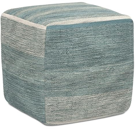 SIMPLIHOME Naya Cube Pouf - 16 inch Wide Upholstered Handwoven Cotton Ottoman in Blue Melange, Boho Footstool or Extra Seating for Living Room or Bedroom with Polystyrene Filling, Assembled