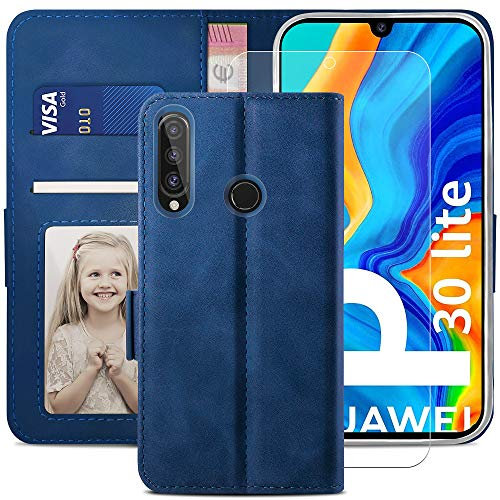 YATWIN Handyhülle für Huawei P30 LITE Hülle +1 Stück Panzerglas Schutzfolie, Klapphülle Huawei P30 LITE Premium Leder Brieftasche Schutzhülle [Kartenfach][Stand] Handytasche Case, Blau