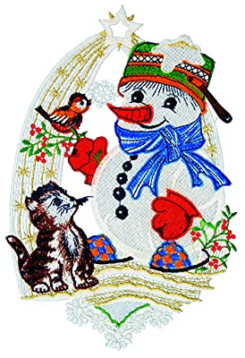 Plauener Spitze Fensterbild Schneemann und Katze farbig 19 x 30 cm Fensterdeko Fensterschmuck Bilder Handarbeit Deko Fenster
