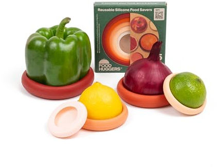 Food Huggers 5 protectores de alimentos de silicona reutilizables, sin BPA y aptos para lavavajillas, almacenamiento de frutas y verduras para cebolla, tomate, limón, plátano, latas y más, redondo,