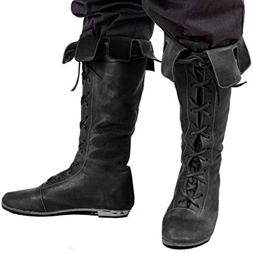 ERALP Herren Reitstiefel Vintage Mittelalterliche Flache Stiefel Gothic Steampunk Ritterstiefel Schnürstiefel Aus Kunstleder Für Halloween Cosplay,Schwarz,44