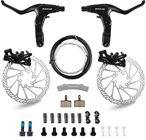 BUCKLOS Mountain Bike Disc Brake kit, MTB Mechanical Line Pulling Disc Brakes Caliper with Aluminum Alloy Levers /160mm Rotor,/is/PM Universal Adapter for Ebike/Folding Bike/Scooter/Fat Bike