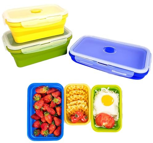 Kingmate 3er Set Food Storage Container Silikon Faltbare Vorratsdosen Frischhaltedosen-Set Frischalteboxen Kühlschrank-Dosen mit Deckel, BPA-frei Spülmaschinen Mikrowellen Geeignet, Mehrfarbig B