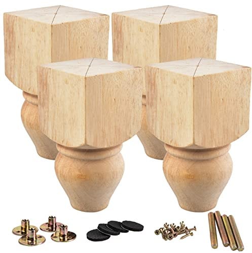 La Vane 5 inch / 12cm Wooden Furniture Legs, Set of 4 Solid Wood Carved Geometry Unfinished Replacement Bun Feet with Mounting Plate & Screws for Sofa Cabinet Couch Table TV Stand