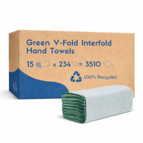 Avern V Fold Interfold Paper Hand Towels Green 1ply 3510 Sheets (15 Inner Packs of 234) Soft Strong Thick Resilient to Tearing Disposable Hand Towels - Perfect for School Dispensers & Workshops