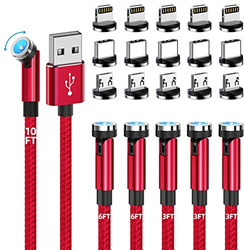 Magnetisches Ladekabel, 540 Grad drehbares Handy-Ladegerät [6er-Pack, 0,9 m/0,9 m/0,9 m/1,8 m/1,8 m/3 m] 3-in-1-USB-Kabel, geflochtenes Nylon, für iProduct/Micro-USB/Typ-C-Gerät, Rot