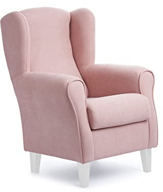 Sillonea - Sillón Orejero Roma, butaca pequeña para salón. Sillón de Lectura Individual, Ideal para Ver la TV/Leer. Medida: 100x74x77cm. Tapizado con Tela Antimanchas. (Rosa, Lacado Blanco)