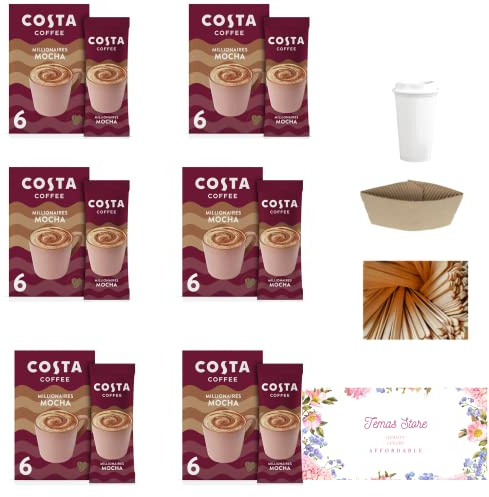 Temas Costa Coffee Instant Coffee Sachets Bundled With Reusable Coffee Cup, Sleeves & Coffee Stirrers | Millionaire Mocha | Coffee Gifts (Millionaire Mocha)