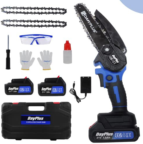 Mini motosierra con batería, 3000 mAh, batería de 6 pulgadas, motosierra eléctrica con 2 baterías, 2 cadenas, motosierra portátil con una sola mano, motosierra eléctrica para jardinería, corte de