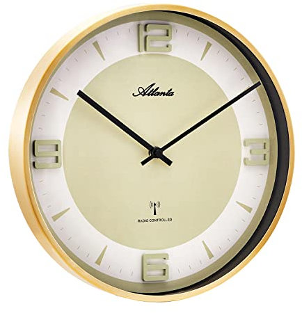 Atlanta 4531/9 Funk-Wanduhr, Gold, gebürstetes Metallgehäuse, Echtglas-Abdeckung
