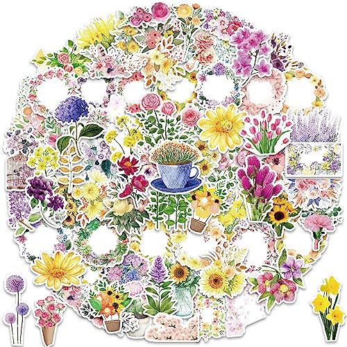 100 PCS Mixed Flowers Stickers for Laptop Vinyl Stickers Set Decals for Water Bottle Moto Bicycle Skateboard Luggage Phone Decor Graffiti Scrapbook Stickers for Kids, Teens, Girls