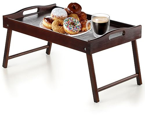 KADAX Betttisch, Frühstückstablett aus Kiefernholz, 19x30x50cm Serviertablett, klappbares Bett-Tablett, Essenstablett für Frühstück im Bett, Beistelltisch (Dunkelbraun)
