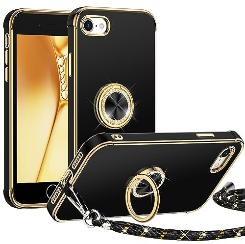Miss Arts für iPhone 7/8/SE 2022/SE 2020 Hülle mit Band, Ring Ständer Handykette Handyhülle Frauen Mädchen Dünn Stoßfeste Schutzhülle für iPhone 7/8/SE 2022/SE 2020 Case Schwarz