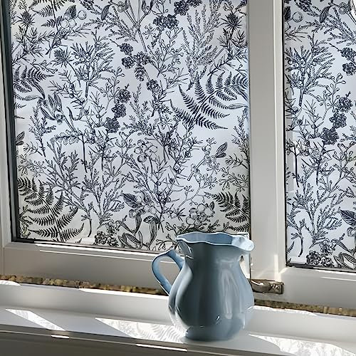 Neukids Blume fensterfolie buntglas Pflanze Muster sichtschutzfolie Vintage Farne fensterfolie Motiv Schlafzimmer Wohnzimmer Küche Bad Doppelseitig dekorfolie Fenster 43x200cm