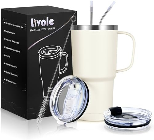 Livole 20oz Travel Mug with Handle, 600ml Insulated Tumbler with Straw and 2 Lids, Double Walled Vacuum Water Cup Bottle, Stainless Steel Thermal Travel Coffee Mugs for Cold Drinks, Off-White