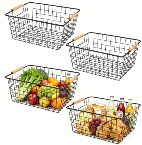 LDHHYH 4 Pack Black Metal Wire Storage Baskets, Pantry Baskets for Organizing, Wire Food Storage Basket Organizer with Wooden Handles for Kitchen, Pantry, Freezer - 29 x 22 x 12cm