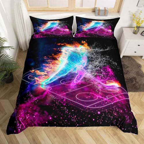 feelingyou Eishockey Bettbezug S Größe, Neon Hockey Spieler Blau Lila Glitter Tröster Cover Set für Kinder Mädchen, Feuer Wassersport Spiele Bettwäsche Quilt Cover Set Schlafzimmer Dekor, 2 Pcs