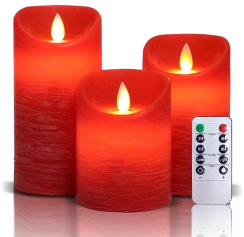 AiiBowy Led Kerzen [3er Set] Flammenlose Kerze Echtwachs Flackernde Dimmbar mit Batterie Fernbedienung Weihnachtskerzen LED Flammen 4/5/6” Tischdeko, Wohnzimmer, Weihnachten, Hochzeit, Party （Rot）
