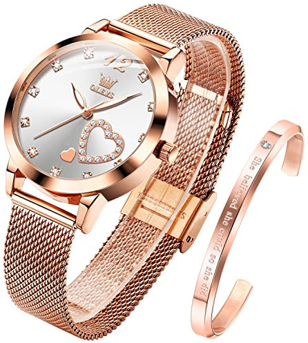 OLEVS Womens Watch Gift Set avec Bracelet Rose Gold Blanc Ladies Minimaliste Minimaliste Slim Robe DéContractéE Analogique Montre à Quartz ImperméAble