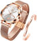 OLEVS Womens Watch Gift Set avec Bracelet Rose Gold Blanc Ladies Minimaliste Minimaliste Slim Robe DéContractéE Analogique Montre à Quartz ImperméAble