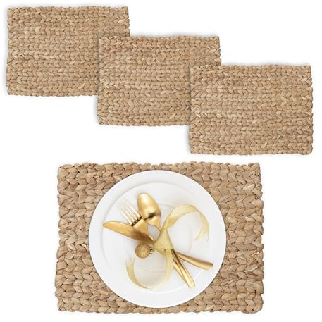 Relaxdays Tischset, 4er Set, geflochtenes Design, Wasserhyazinthe, Platzset, HxBxT: 1,5 x 42 x 30 cm, eckig, Deko, Natur
