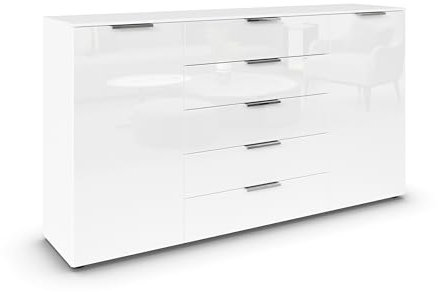 Rauch Möbel Flipp, Kombikommode, Kommode mit Stauraum für Wohnzimmer, Schlafzimmer, Flur, 4 Fachböden, Alpinweiß/Glasfront Weiß, 2-türig, Glastüren, 5 Schubkästen, Griffe Chrom, 180x100x42cm