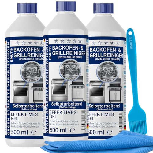 3 x 500 ml (1,5 litros) limpiador de horno extra fuerte | con cepillo + paño de microfibra XXL | Pasta de gel | Limpiador de parrilla | contra quemaduras y incrustaciones | autotrabajable