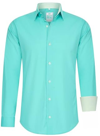 Rusty Neal Herren-Hemd Pastellfarben Premium Slim Fit Langarm Cotton-Stretch Kontrast Hemd Business-Hemden Freizeithemd 66, Größe:4XL, Farbe:Cyan