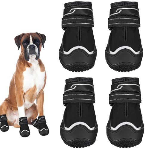 REESTBOO Hundeschuhe Pfotenschutz, 4 Stück Anti-rutsch Hundeschuhe Hundestiefel Pfotenschutz mit Reflektierendem Riemen und Klettverschluss, Pfotenschutz Schuhe für Große Hunde Winter, Schwarz (7#)