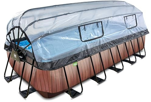 EXIT Toys Wood Pool with Multifunctional Cover - 17.7x8.2x4ft - Large, Rectangular Frame Pool with Sand Filter Pump and Pool Ladder - Extra Deep - For Clean and Warm Pool Water - Brown