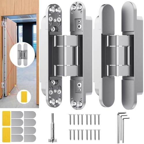 7 Hidden Door Hinge/Concealed Hinges,Invisible Hinges,Invisible Door Silent 180 Degree Swing Hinge 3-Way Adjustable Butt 7 x 2.8 x 1 (2, Silver, 7 inch)